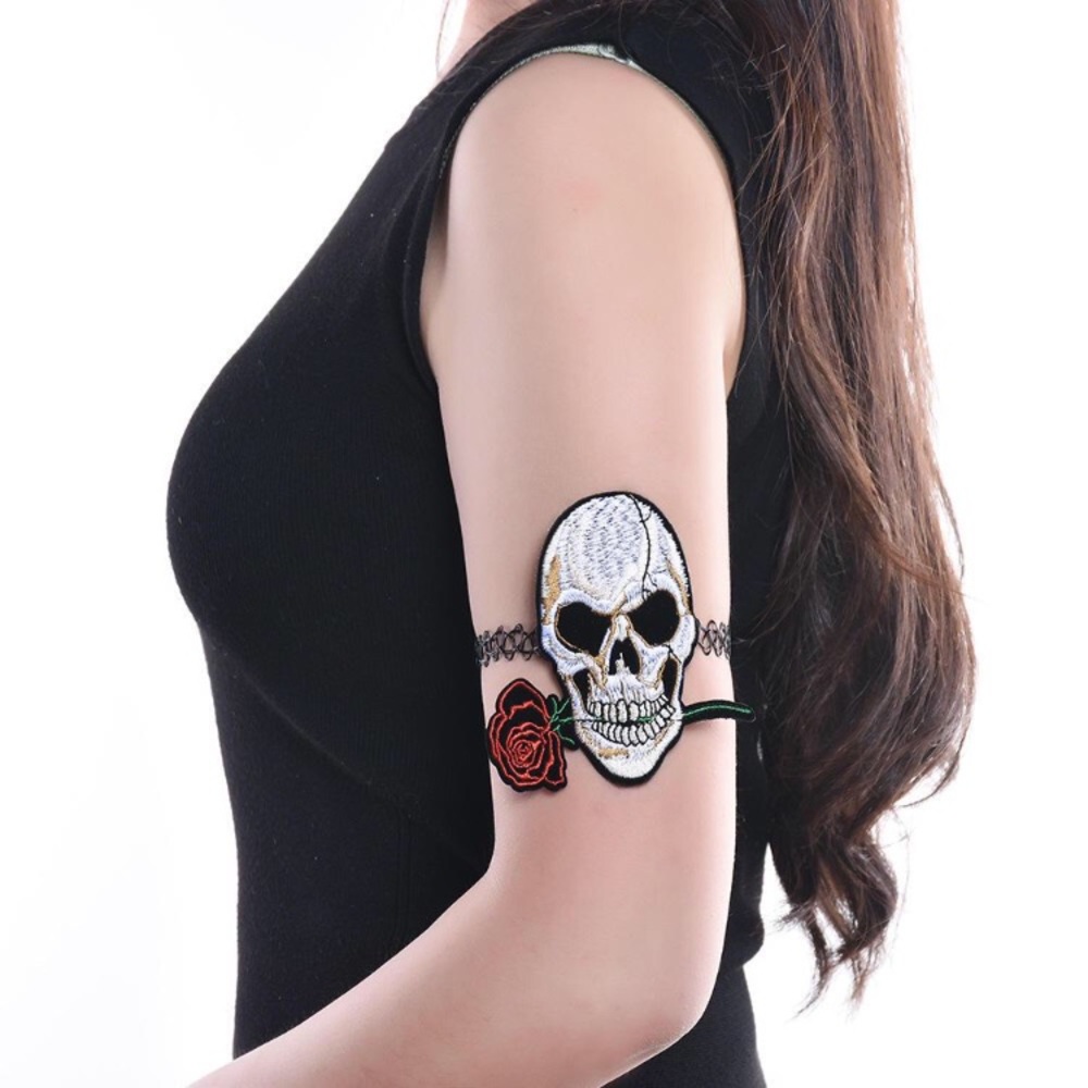 💀🌹 Awesome skeleton Skull rose flower 90s style stretch tattoo patch armband